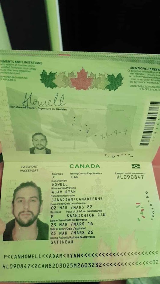 Adam Howell's Canadian passport